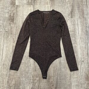 Abercrombie & Fitch Gold Brown Metallic Long Sleeve V-Neck Bodysuit Size Small
